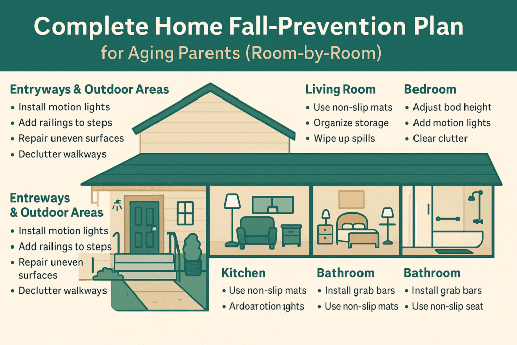 Room-by-room fall-prevention tips for seniors: grab bars, non-slip mats, railings, motion lights, clutter-free spaces